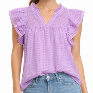 Entro NWOT Lavender Ruffle Sleeve Metallic Grid Blouse Purple V-Neck Top SizeM